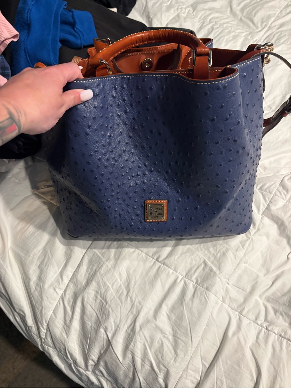 Dooney & Bourke Blue Tote with Brown Trim
